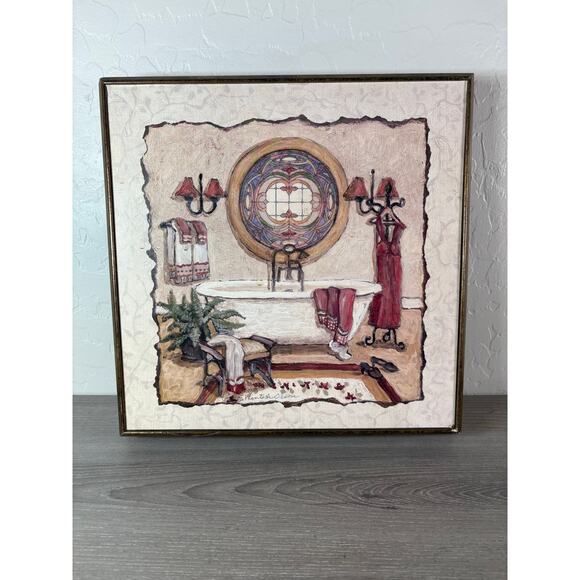 C. Winifred Olson Framed Bathroom Scene Wall Art Vintage Style 12x12 - Picture 1 of 6